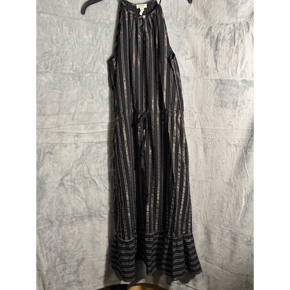 Dylan‎ Striped Maxi Dress Gold Metallic Halter Neck Tie Waist Tiered Hem XS NEW